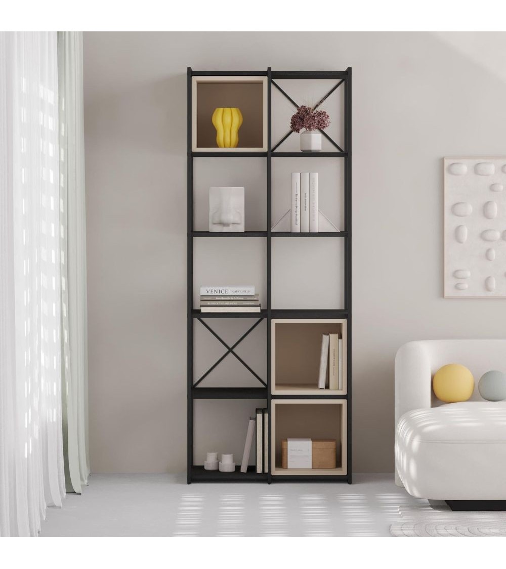 Libreria Vale midi con struttura in metallo nero e cubotti cashmere
