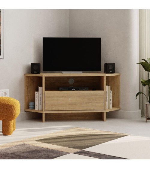 Porta tv angolare Viva con nicchie a giorno in colore rovere