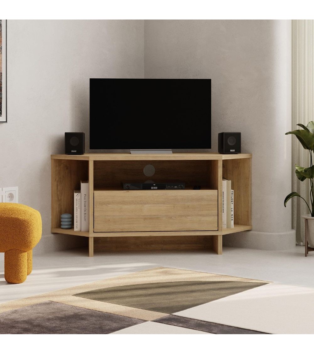 Porta tv angolare Viva con nicchie a giorno in colore rovere