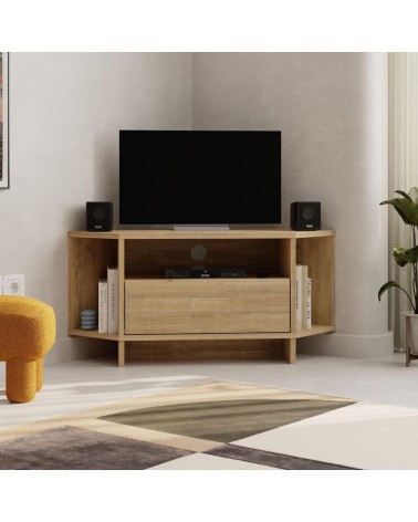 Porta tv angolare Viva con nicchie a giorno in colore rovere