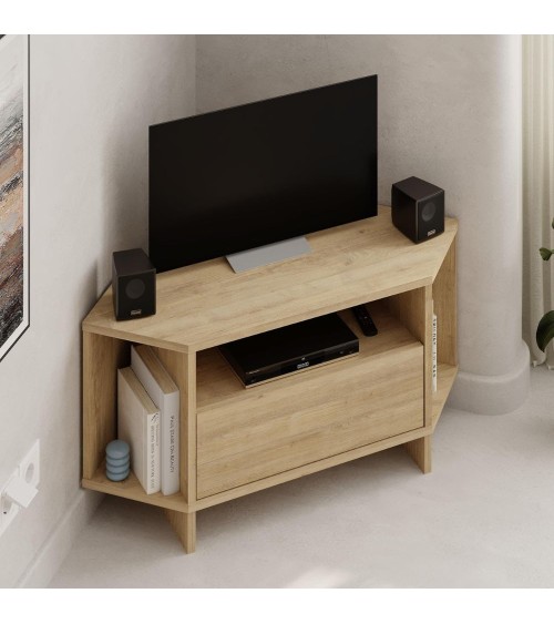 Porta tv angolare Viva con nicchie a giorno in colore rovere