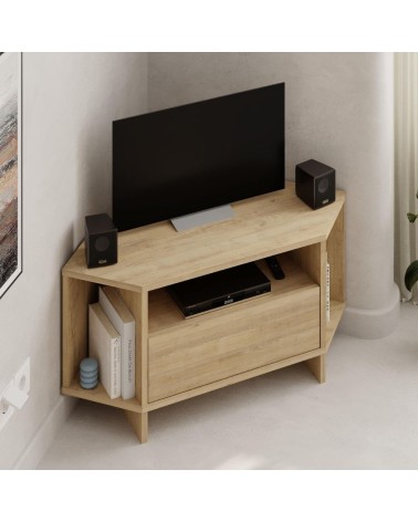 Porta tv angolare Viva con nicchie a giorno in colore rovere