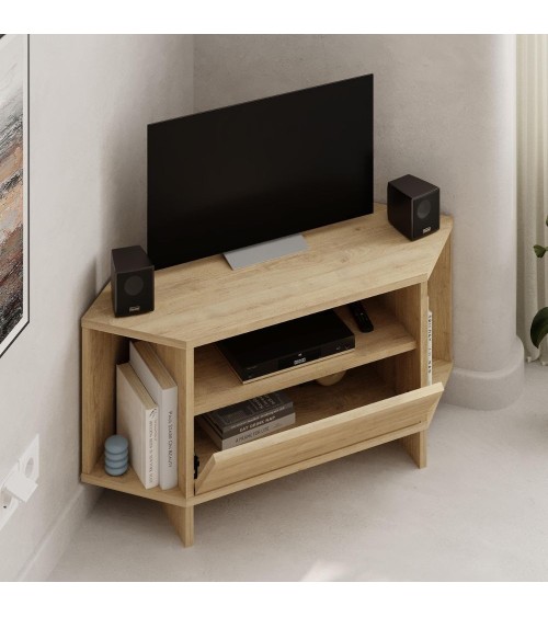 Porta tv angolare Viva con nicchie a giorno in colore rovere