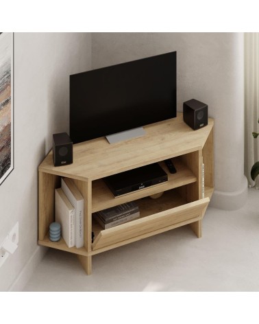 Porta tv angolare Viva con nicchie a giorno in colore rovere