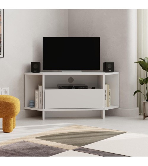 Porta tv angolare Viva con nicchie a giorno in colore bianco