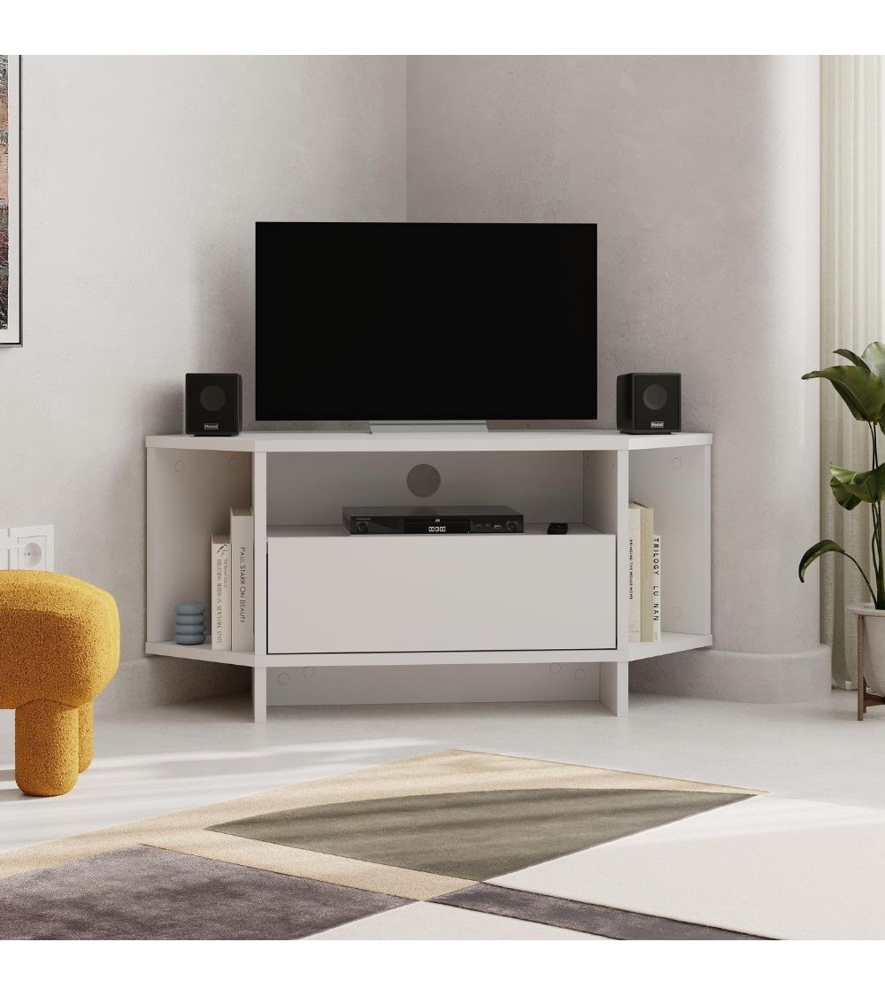 Porta tv angolare Viva con nicchie a giorno in colore bianco