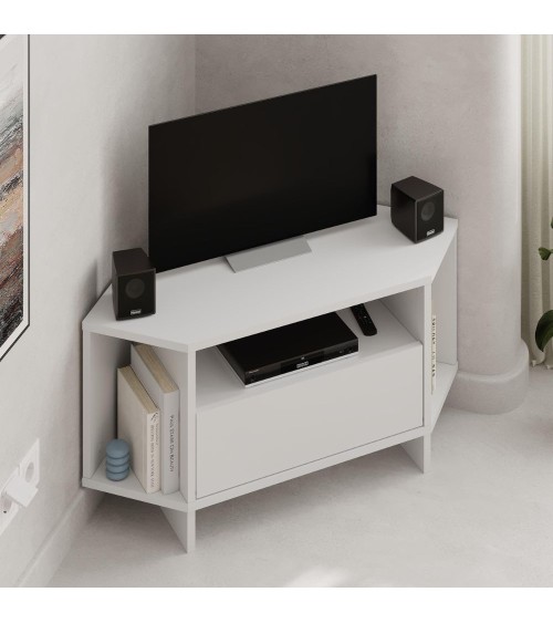 Porta tv angolare Viva con nicchie a giorno in colore bianco