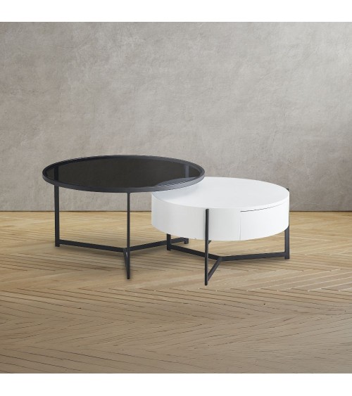 Tavolino da salotto Velvi con doppio piano e cassetto in colore bianco e nero