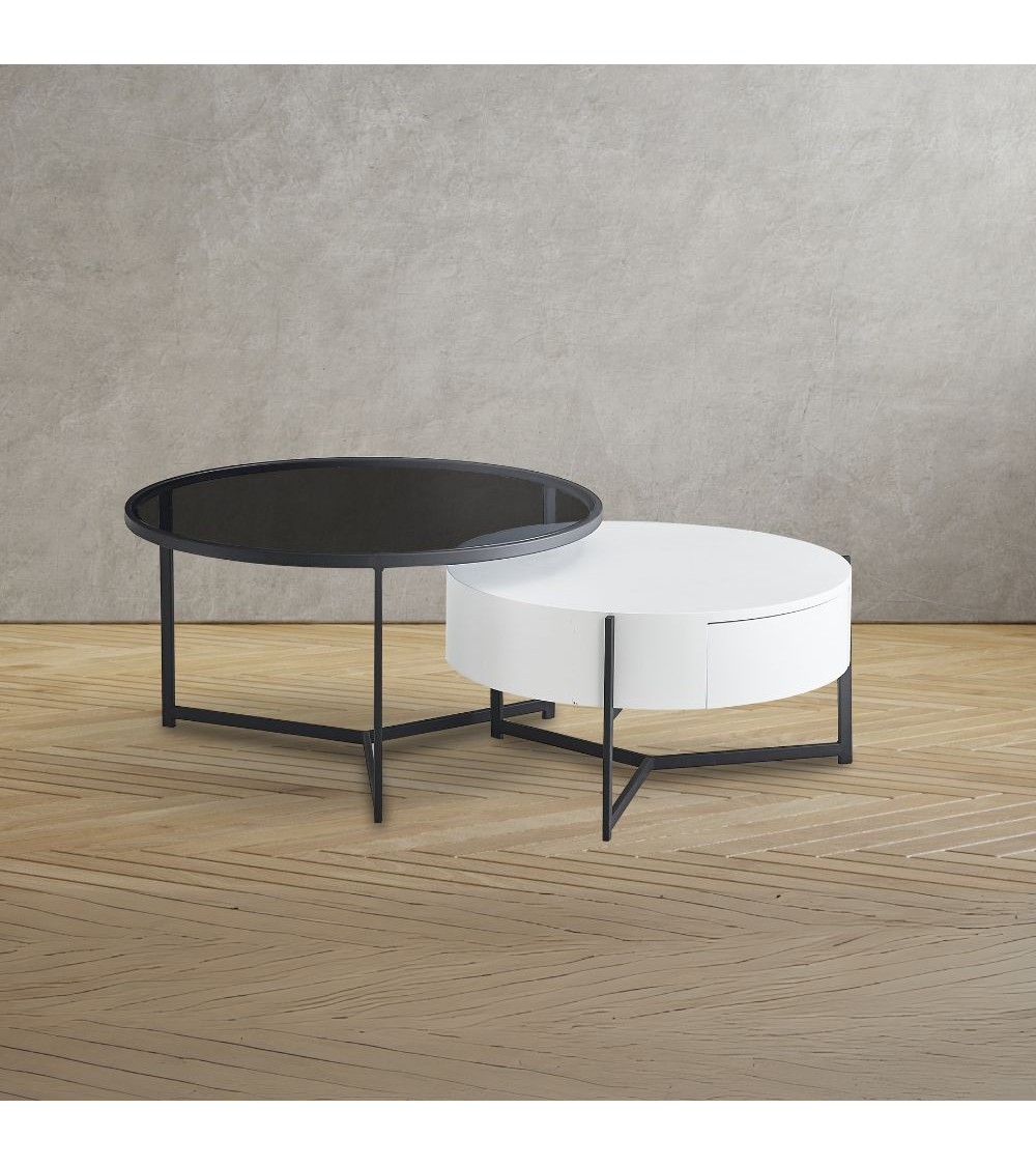 Tavolino da salotto Velvi con doppio piano e cassetto in colore bianco e nero
