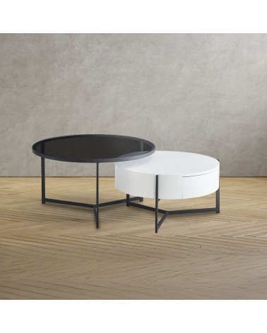 Tavolino da salotto Velvi con doppio piano e cassetto in colore bianco e nero