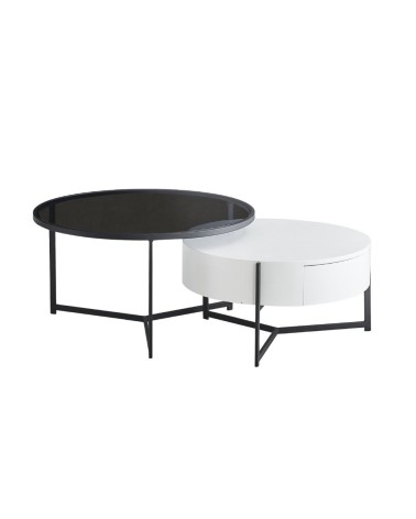 Tavolino da salotto Velvi con doppio piano e cassetto in colore bianco e nero