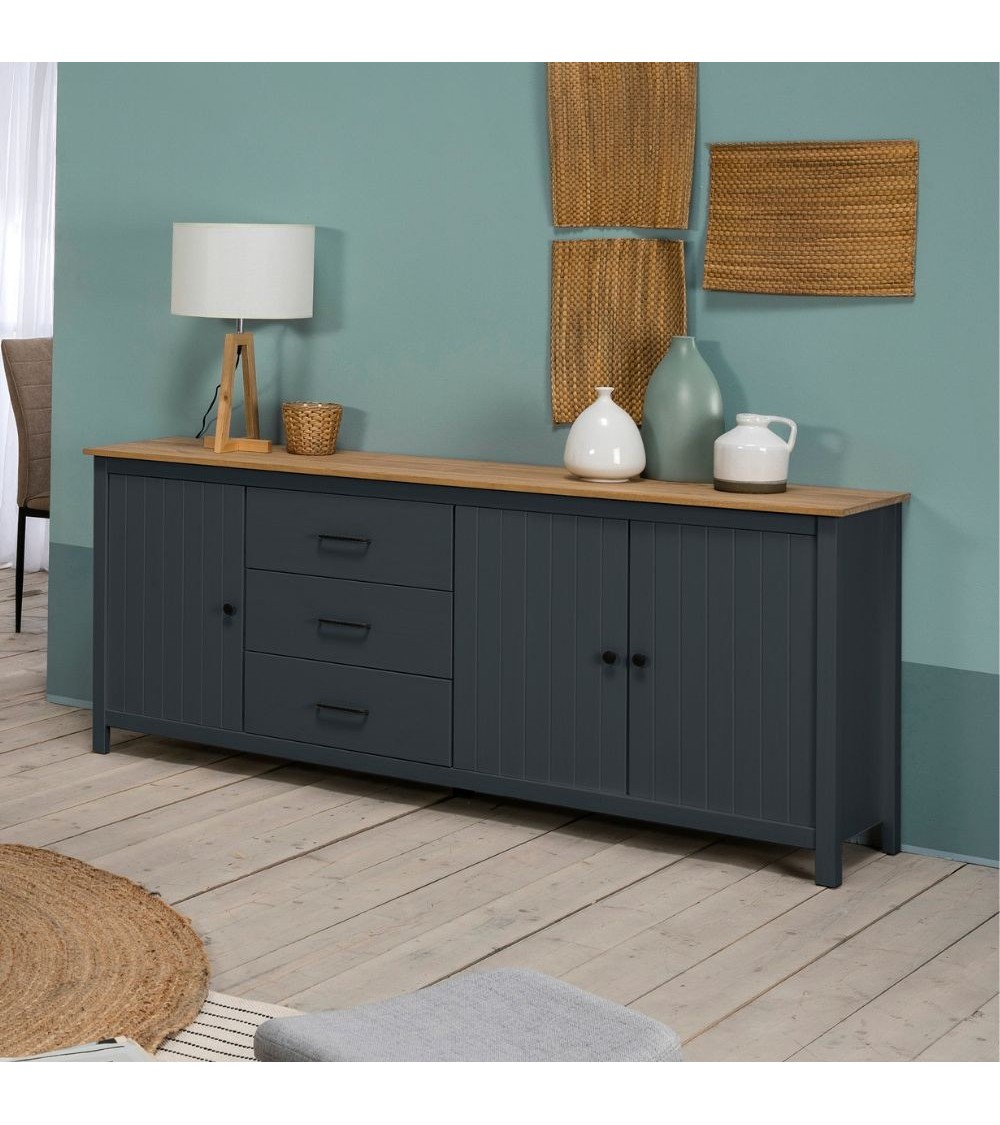Credenza Miranda con 3 ante e 3 cassetti in legno massiccio blu con top pino