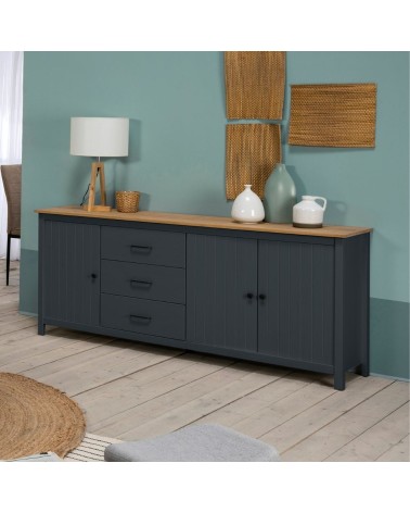 Credenza Miranda con 3 ante e 3 cassetti in legno massiccio blu con top pino