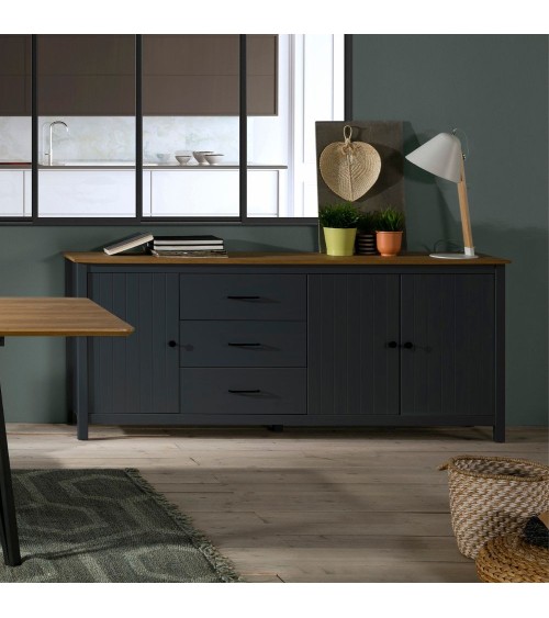 Credenza Miranda con 3 ante e 3 cassetti in legno massiccio blu con top pino