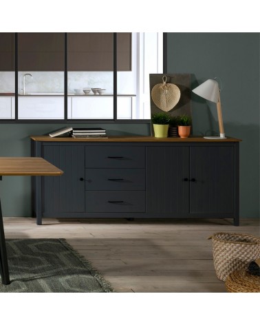 Credenza Miranda con 3 ante e 3 cassetti in legno massiccio blu con top pino