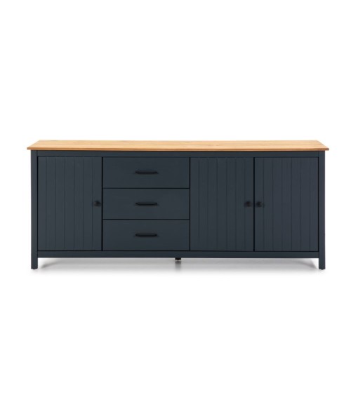 Credenza Miranda con 3 ante e 3 cassetti in legno massiccio blu con top pino