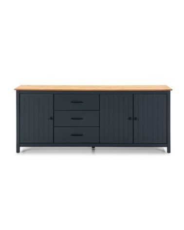 Credenza Miranda con 3 ante e 3 cassetti in legno massiccio blu con top pino