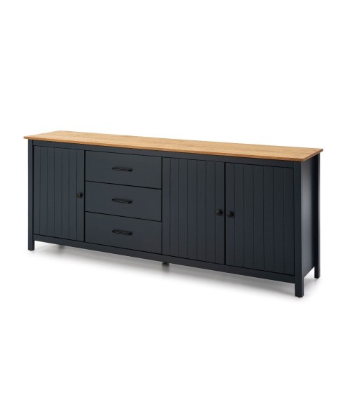 Credenza Miranda con 3 ante e 3 cassetti in legno massiccio blu con top pino