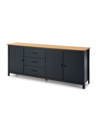 Credenza Miranda con 3 ante e 3 cassetti in legno massiccio blu con top pino