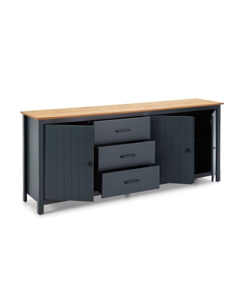 Credenza Miranda con 3 ante e 3 cassetti in legno massiccio blu con top pino