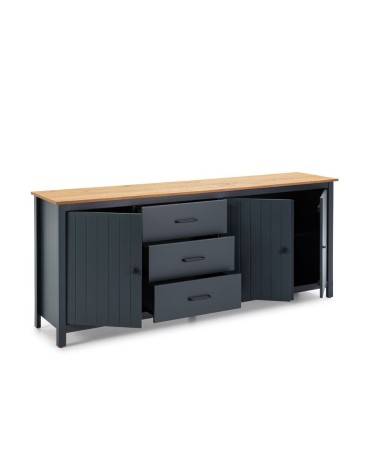 Credenza Miranda con 3 ante e 3 cassetti in legno massiccio blu con top pino