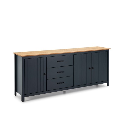 Credenza Miranda con 3 ante e 3 cassetti in legno massiccio blu con top pino
