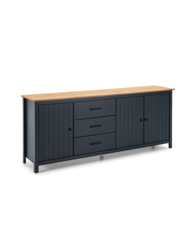 Credenza Miranda con 3 ante e 3 cassetti in legno massiccio blu con top pino