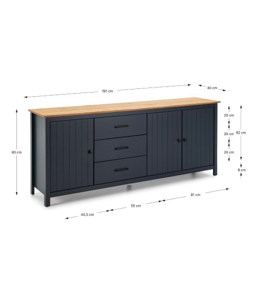 Credenza Miranda con 3 ante e 3 cassetti in legno massiccio blu con top pino