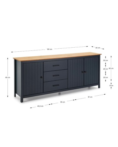 Credenza Miranda con 3 ante e 3 cassetti in legno massiccio blu con top pino