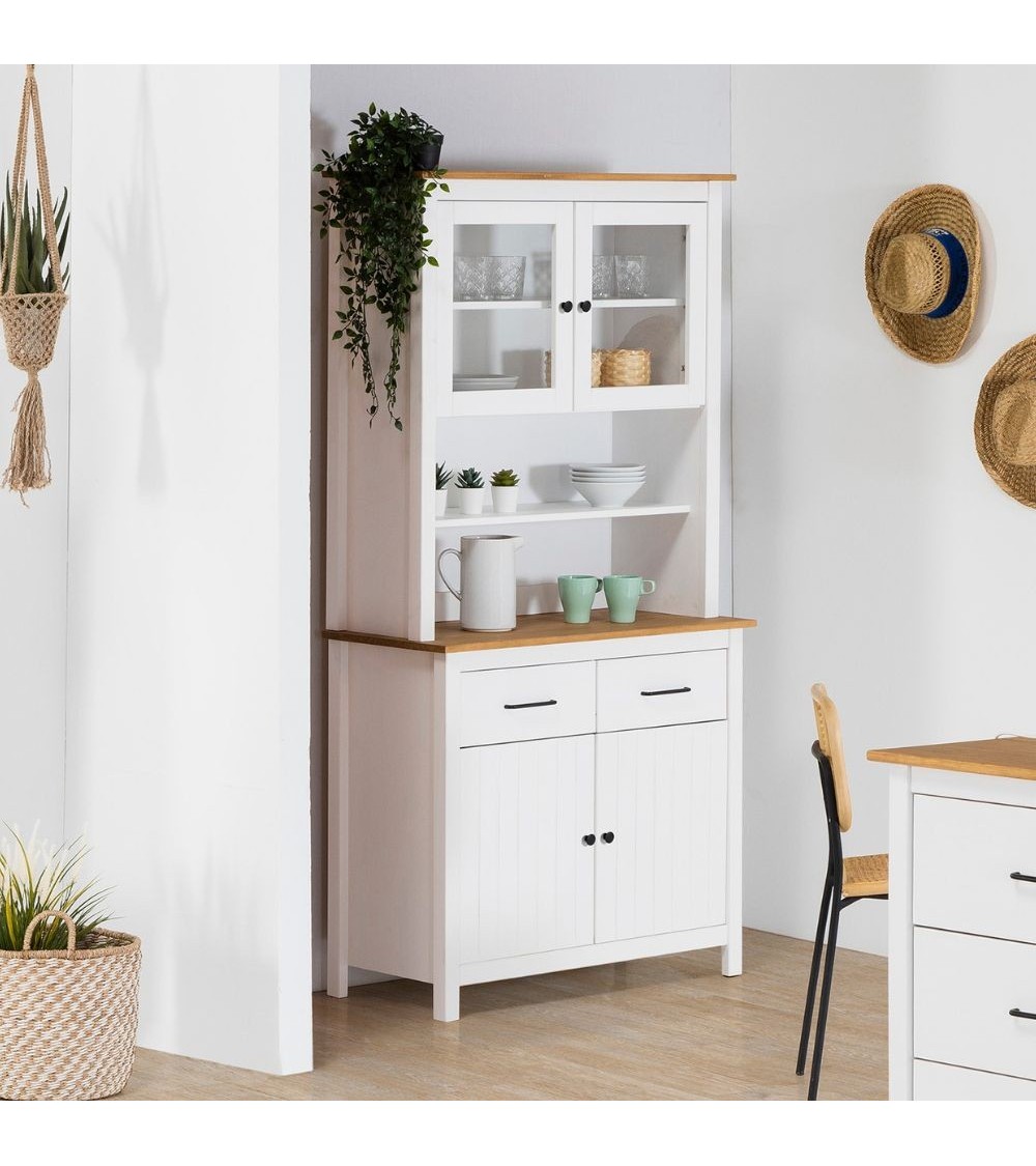 Credenza Miranda con vetrina 4 ante e due cassetti in legno massiccio colore bianco e rovere