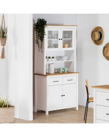 Credenza Miranda con vetrina 4 ante e due cassetti in legno massiccio colore bianco e rovere