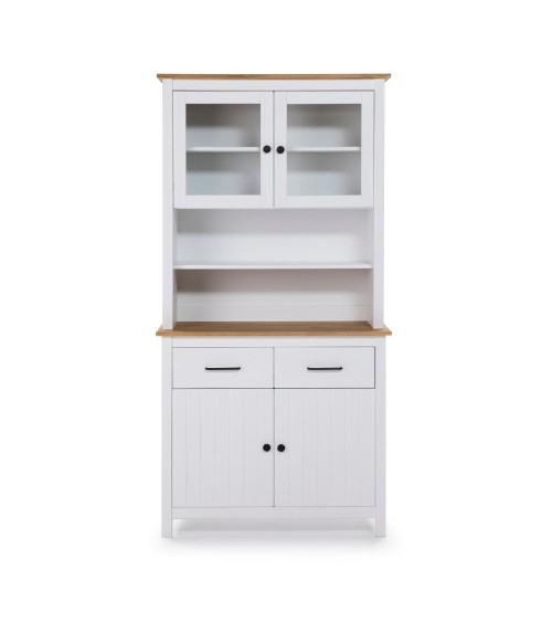Credenza Miranda con vetrina 4 ante e due cassetti in legno massiccio colore bianco e rovere