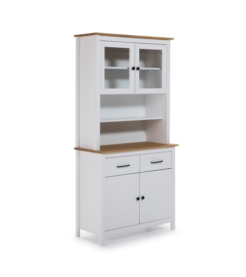 Credenza Miranda con vetrina 4 ante e due cassetti in legno massiccio colore bianco e rovere