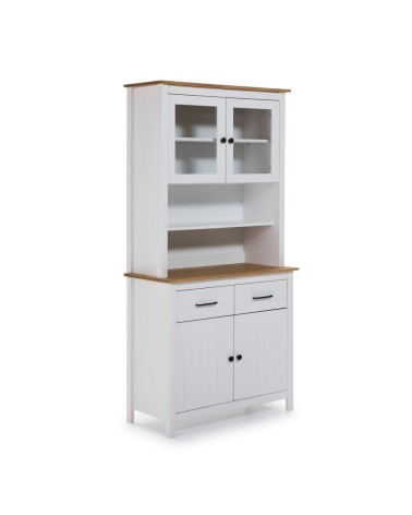 Credenza Miranda con vetrina 4 ante e due cassetti in legno massiccio colore bianco e rovere