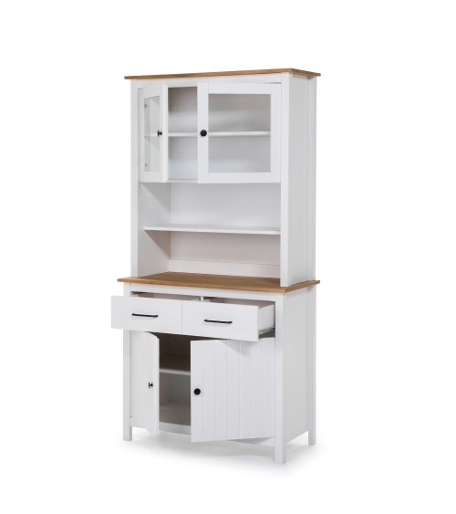 Credenza Miranda con vetrina 4 ante e due cassetti in legno massiccio colore bianco e rovere