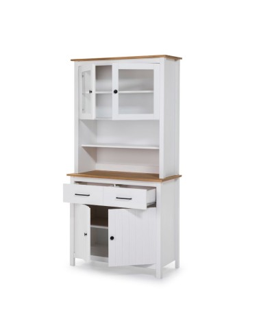 Credenza Miranda con vetrina 4 ante e due cassetti in legno massiccio colore bianco e rovere