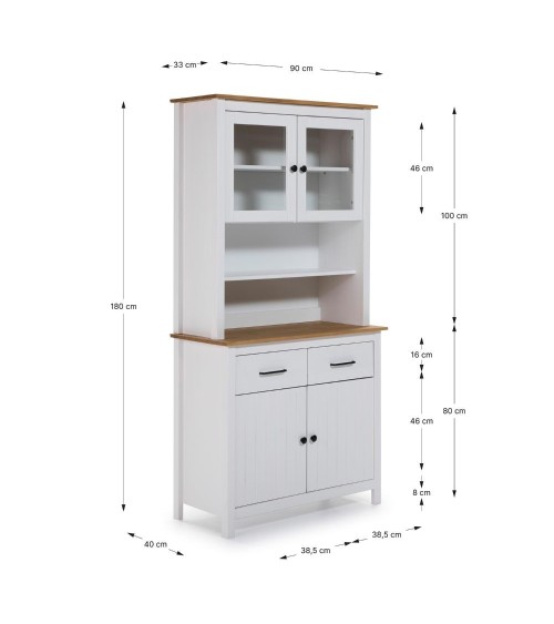 Credenza Miranda con vetrina 4 ante e due cassetti in legno massiccio colore bianco e rovere