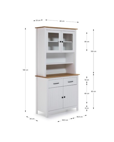 Credenza Miranda con vetrina 4 ante e due cassetti in legno massiccio colore bianco e rovere
