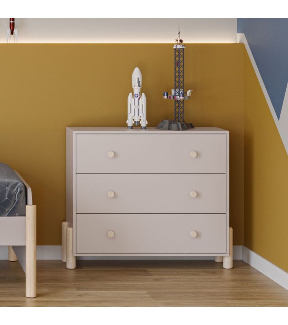 Cassettiera Enola in legno massiccio con 3 cassetti beige e gambe pino
