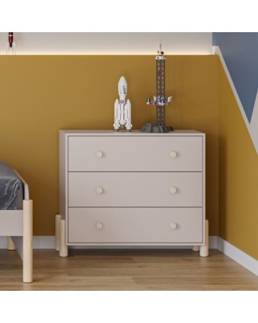 Cassettiera Enola in legno massiccio con 3 cassetti beige e gambe pino
