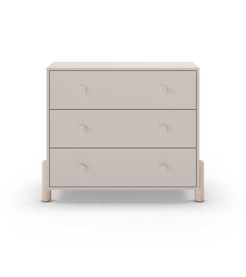 Cassettiera Enola in legno massiccio con 3 cassetti beige e gambe pino