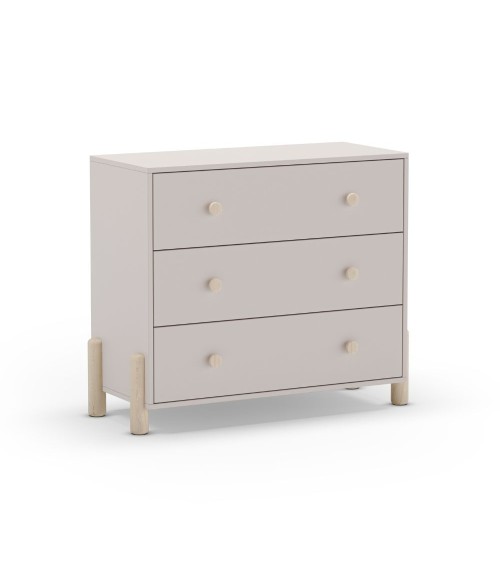 Cassettiera Enola in legno massiccio con 3 cassetti beige e gambe pino