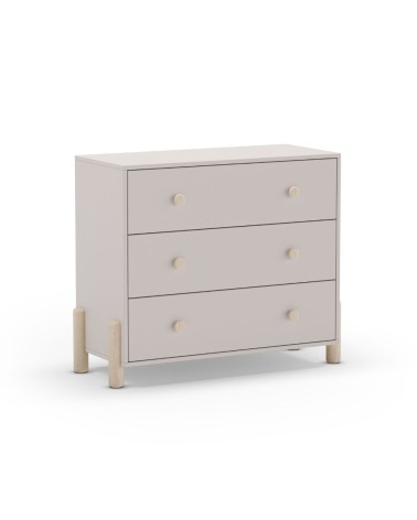 Cassettiera Enola in legno massiccio con 3 cassetti beige e gambe pino