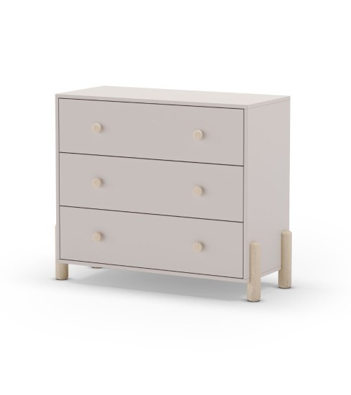 Cassettiera Enola in legno massiccio con 3 cassetti beige e gambe pino