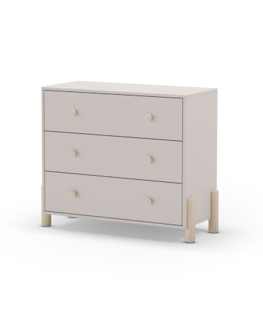 Cassettiera Enola in legno massiccio con 3 cassetti beige e gambe pino