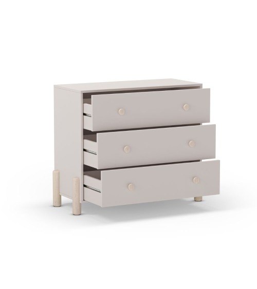 Cassettiera Enola in legno massiccio con 3 cassetti beige e gambe pino