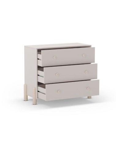 Cassettiera Enola in legno massiccio con 3 cassetti beige e gambe pino