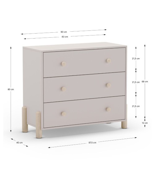 Cassettiera Enola in legno massiccio con 3 cassetti beige e gambe pino