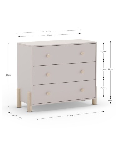 Cassettiera Enola in legno massiccio con 3 cassetti beige e gambe pino