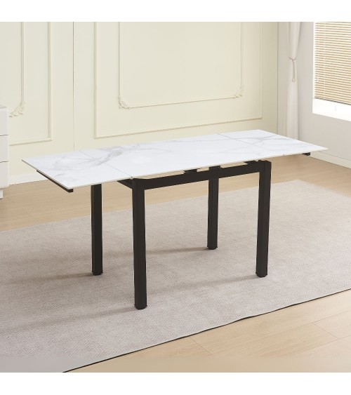 Tavolo allungabile Kyoto con piano in ceramica effetto marmo bianco lucido e struttura in metallo nero